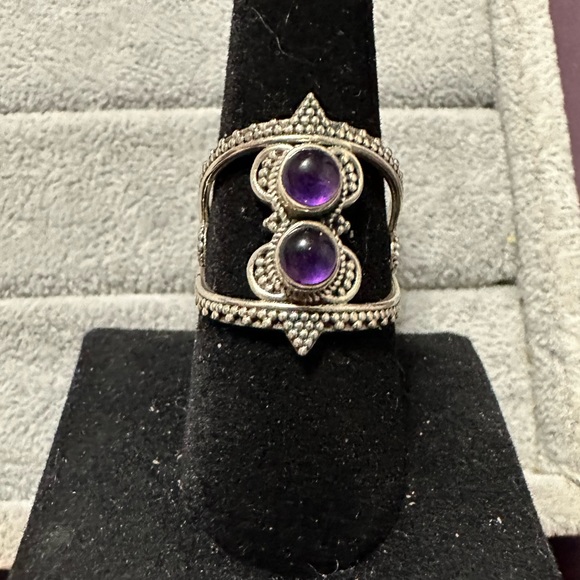 New Sterling Silver Boho Double Purple Amethyst Ring Size 9 Gemstone Crystal - Picture 8 of 11